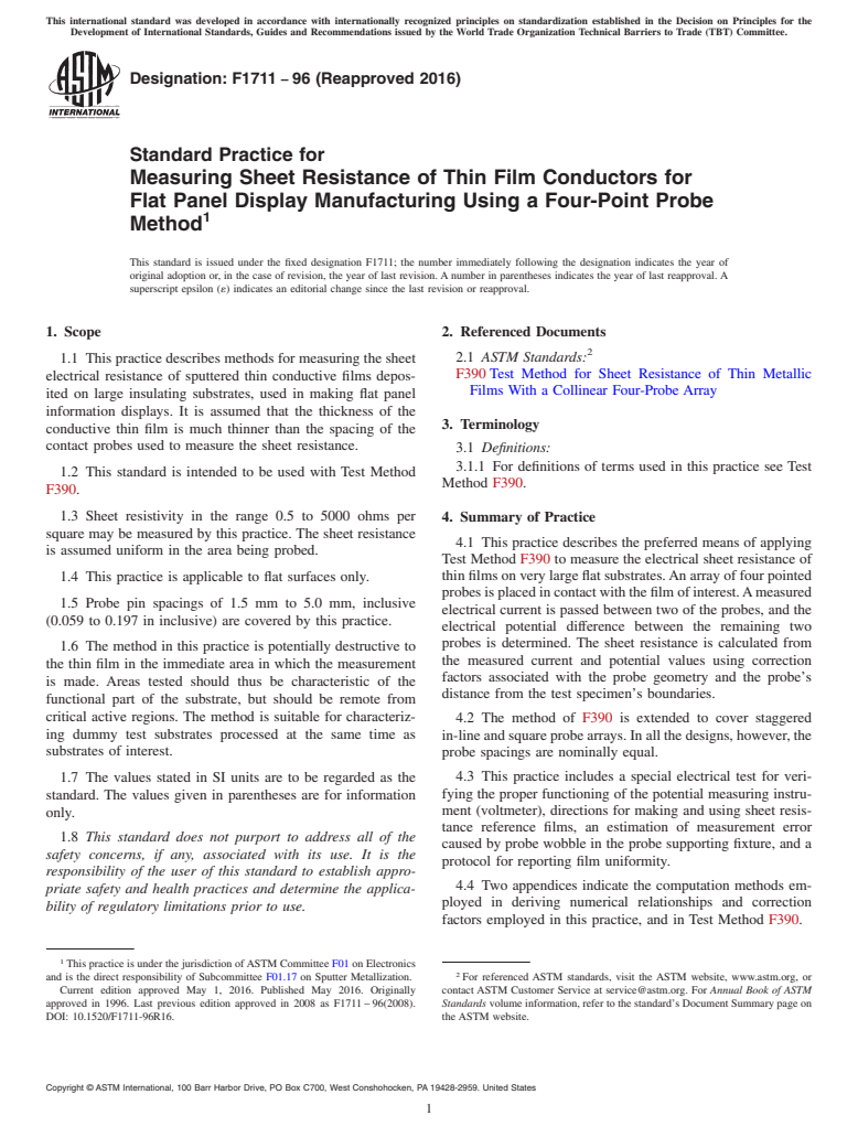 ASTM F1711-96(2016) - Standard Practice for  Measuring Sheet Resistance of Thin Film Conductors for Flat   Panel Display Manufacturing Using a Four-Point Probe Method