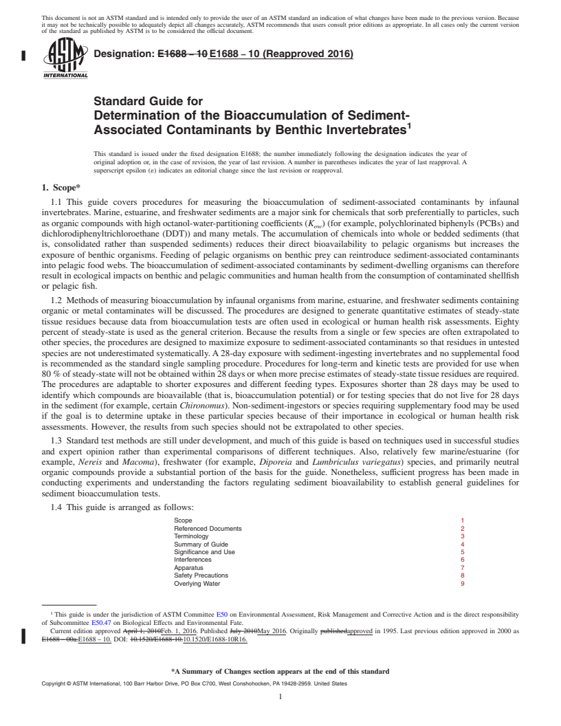 REDLINE ASTM E1688-10(2016) - Standard Guide for Determination of the Bioaccumulation of Sediment-Associated  Contaminants by Benthic Invertebrates