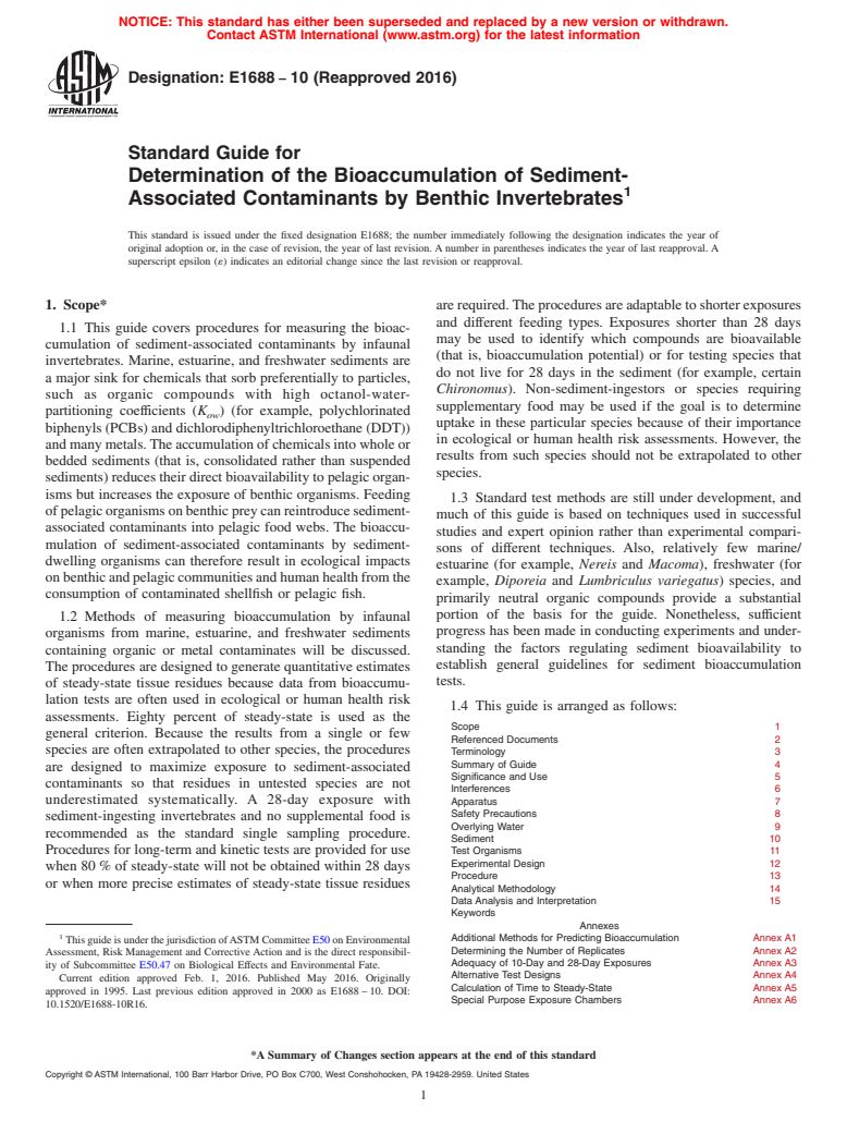 ASTM E1688-10(2016) - Standard Guide for Determination of the Bioaccumulation of Sediment-Associated  Contaminants by Benthic Invertebrates