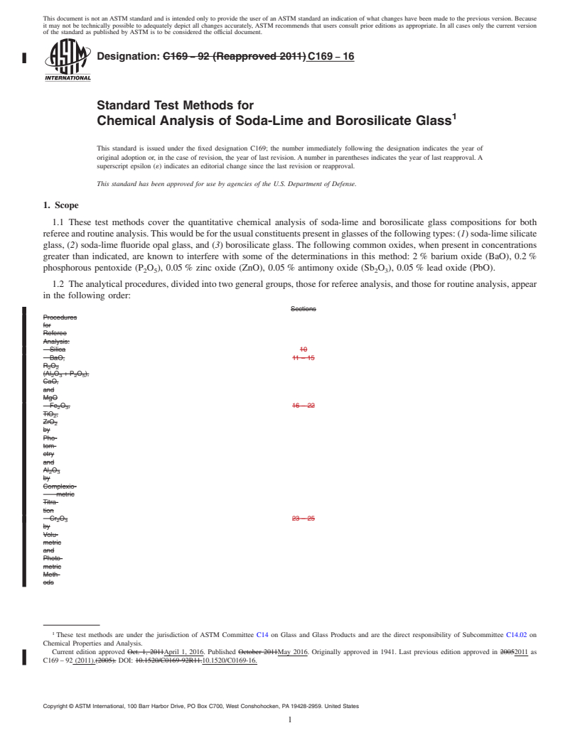 REDLINE ASTM C169-16 - Standard Test Methods for  Chemical Analysis of Soda-Lime and Borosilicate Glass