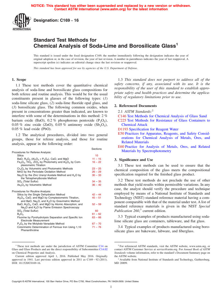 ASTM C169-16 - Standard Test Methods for  Chemical Analysis of Soda-Lime and Borosilicate Glass