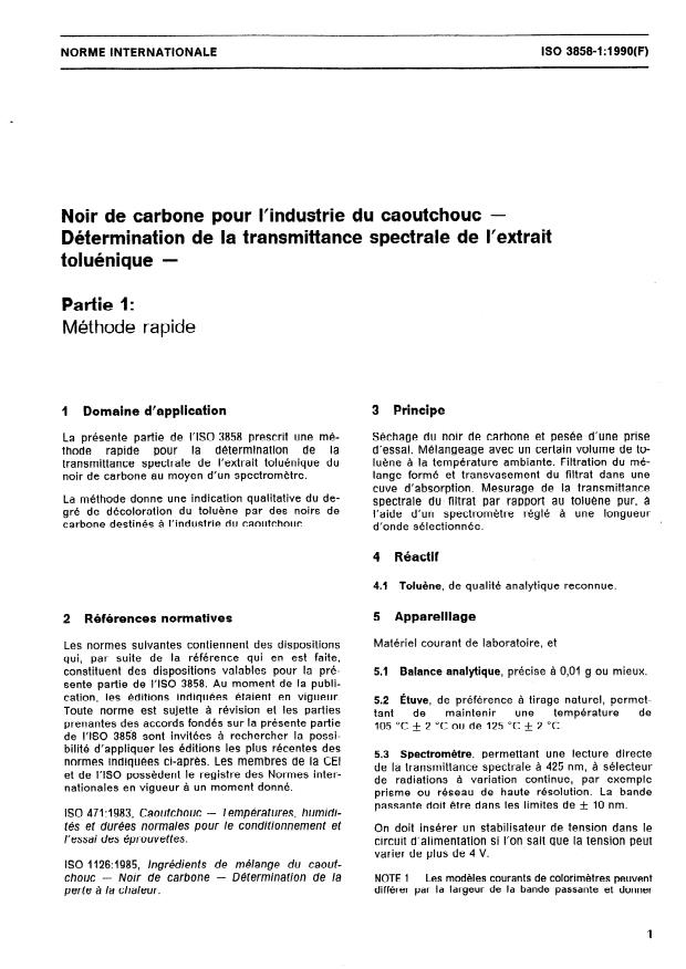 ISO 3858-1:1990 - Noir de carbone pour l'industrie du caoutchouc -- Détermination de la transmittance spectrale de l'extrait toluénique