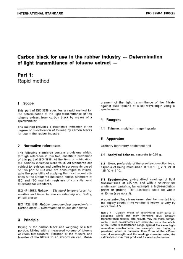 ISO 3858-1:1990 - Carbon black for use in the rubber industry -- Determination of light transmittance of toluene extract