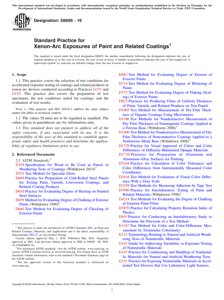 ASTM D6695-16 - Standard Practice for Xenon-Arc Exposures of Paint and Related Coatings