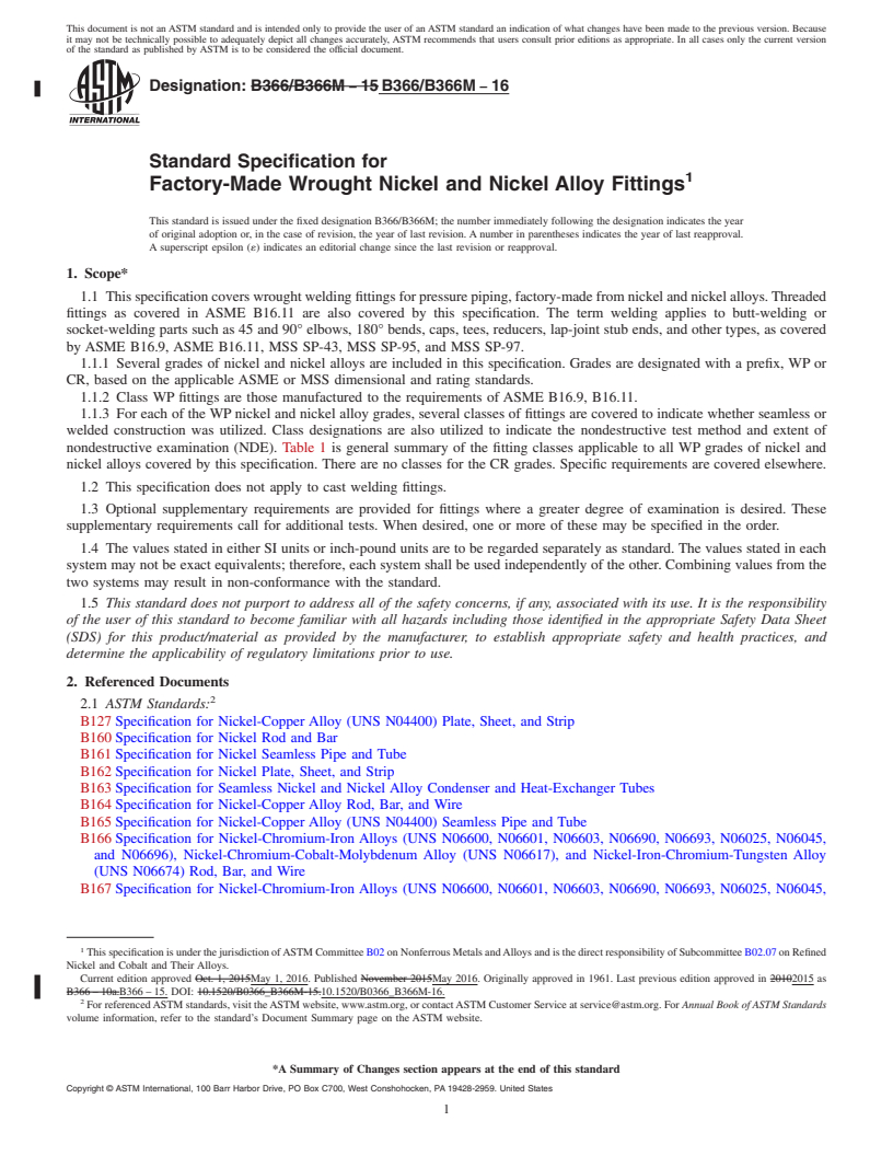 REDLINE ASTM B366/B366M-16 - Standard Specification for Factory-Made Wrought Nickel and Nickel Alloy Fittings