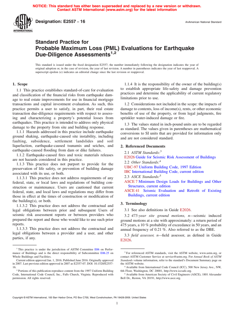 ASTM E2557-16 - Standard Practice for Probable Maximum Loss (PML) Evaluations for Earthquake Due-Diligence  Assessments<rangeref></rangeref  >