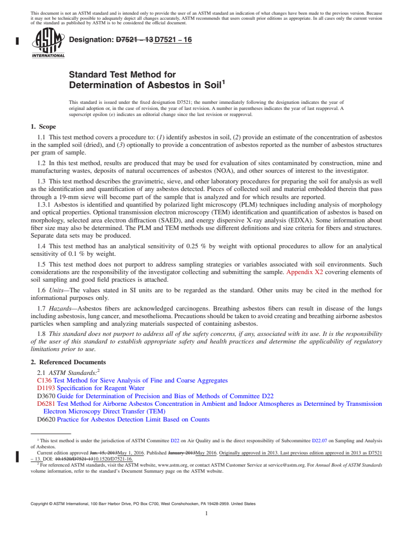 REDLINE ASTM D7521-16 - Standard Test Method for Determination of Asbestos in Soil