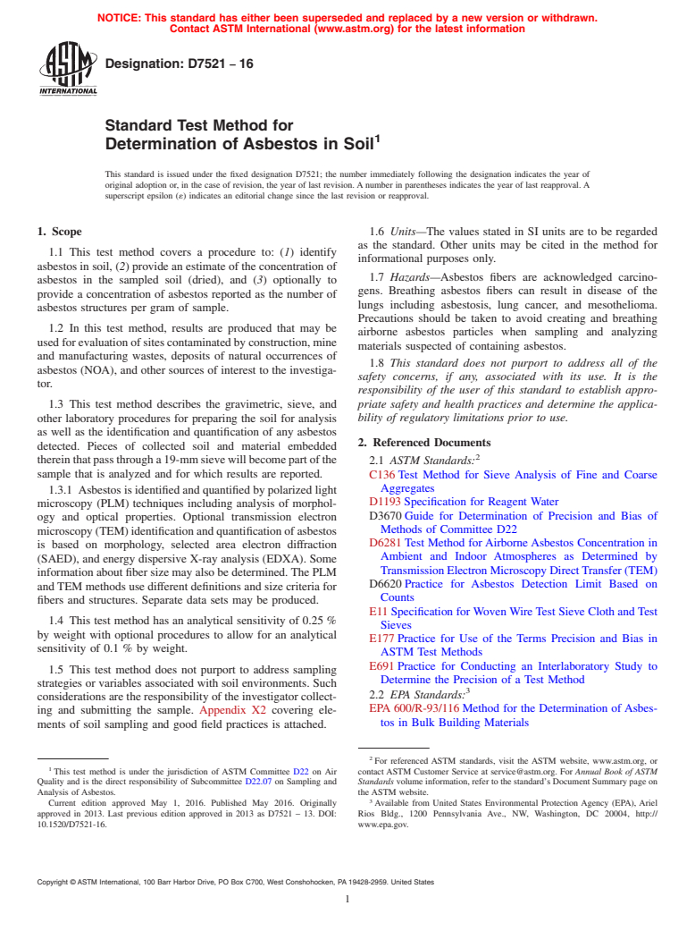 ASTM D7521-16 - Standard Test Method for Determination of Asbestos in Soil