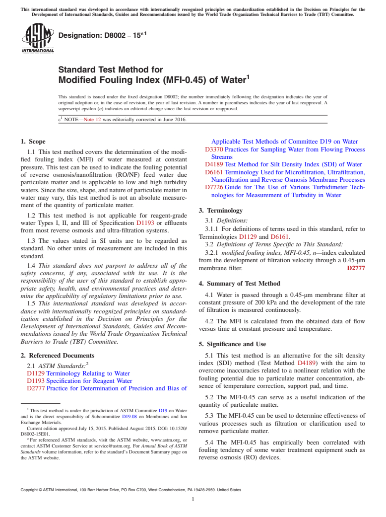ASTM D8002-15e1 - Standard Test Method for Modified Fouling Index (MFI-0.45) of Water