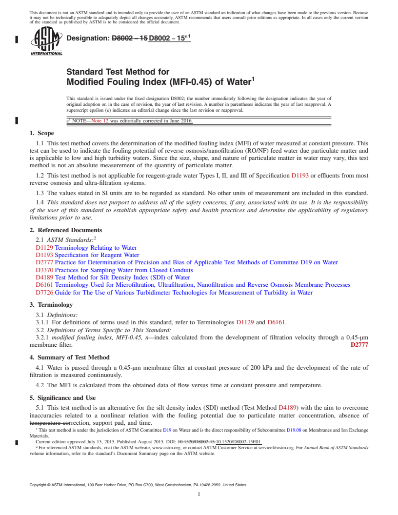 REDLINE ASTM D8002-15e1 - Standard Test Method for Modified Fouling Index (MFI-0.45) of Water (Withdrawn 2024)