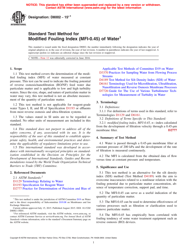 ASTM D8002-15e1 - Standard Test Method for Modified Fouling Index (MFI-0.45) of Water (Withdrawn 2024)