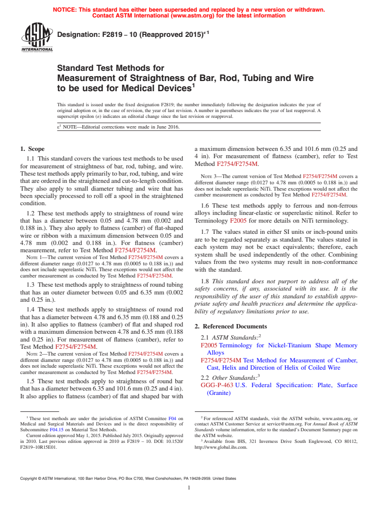 ASTM F2819-10(2015)e1 - Standard Test Methods for  Measurement of Straightness of Bar, Rod, Tubing and Wire to  be used for Medical Devices