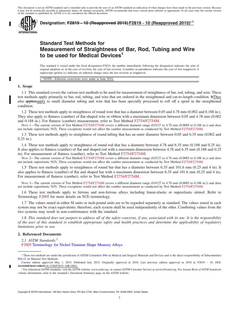 REDLINE ASTM F2819-10(2015)e1 - Standard Test Methods for  Measurement of Straightness of Bar, Rod, Tubing and Wire to  be used for Medical Devices