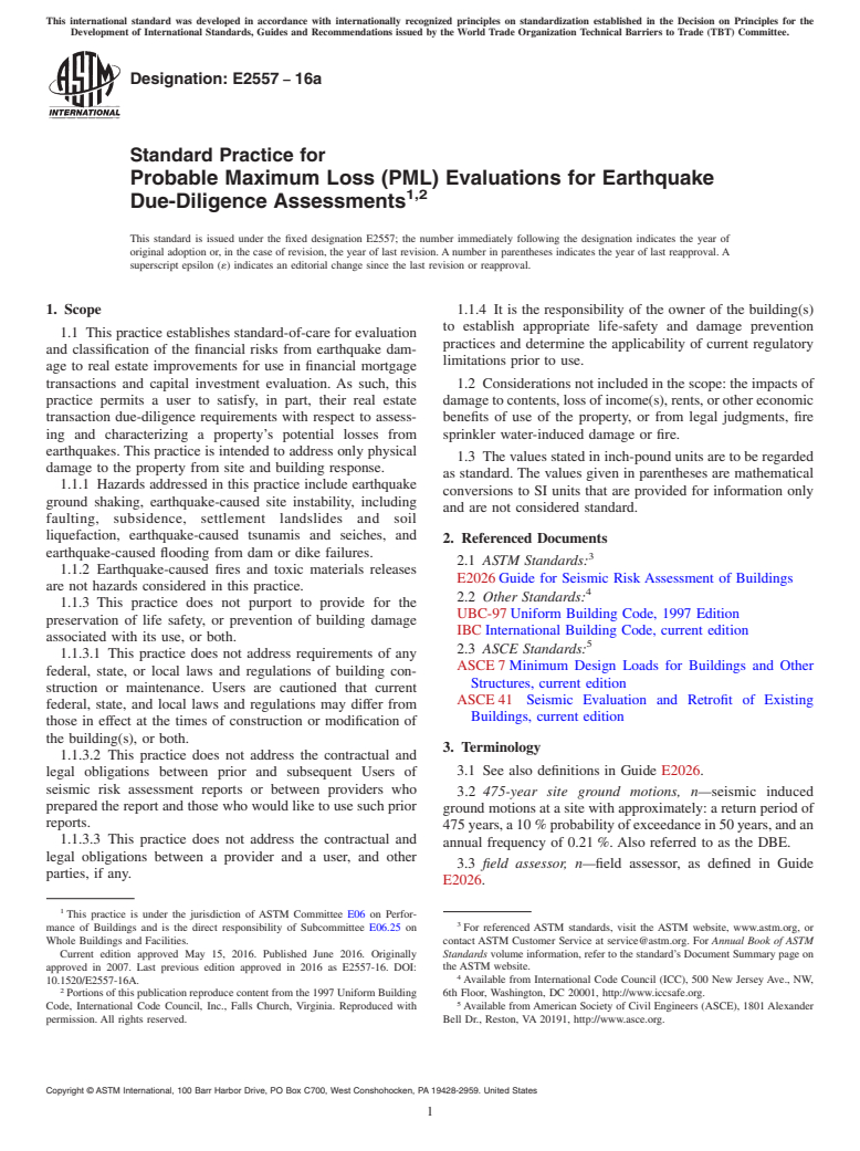 ASTM E2557-16a - Standard Practice for Probable Maximum Loss (PML) Evaluations for Earthquake Due-Diligence  Assessments<rangeref></rangeref  >