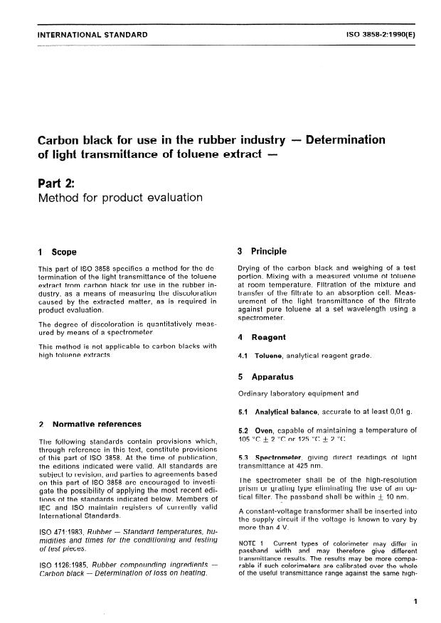 ISO 3858-2:1990 - Carbon black for use in the rubber industry -- Determination of light transmittance of toluene extract