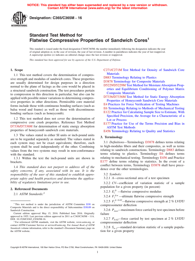 ASTM C365/C365M-16 - Standard Test Method for  Flatwise Compressive Properties of Sandwich Cores