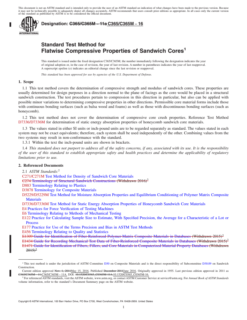 REDLINE ASTM C365/C365M-16 - Standard Test Method for  Flatwise Compressive Properties of Sandwich Cores