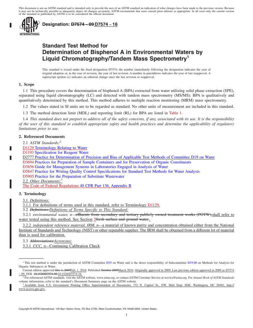 REDLINE ASTM D7574-16 - Standard Test Method for  Determination of Bisphenol A in Environmental Waters by Liquid  Chromatography/Tandem Mass Spectrometry