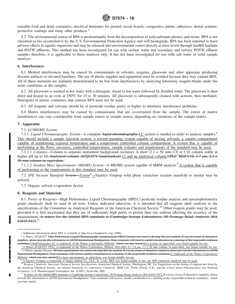 REDLINE ASTM D7574-16 - Standard Test Method for  Determination of Bisphenol A in Environmental Waters by Liquid  Chromatography/Tandem Mass Spectrometry