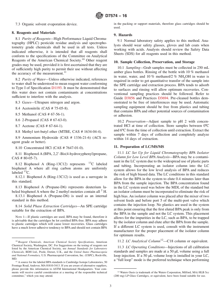 ASTM D7574-16 - Standard Test Method for  Determination of Bisphenol A in Environmental Waters by Liquid  Chromatography/Tandem Mass Spectrometry