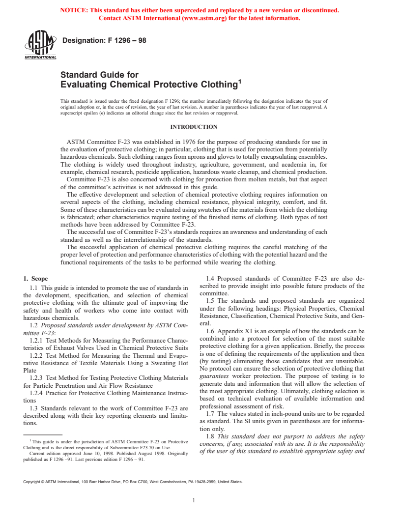 ASTM F1296-98 - Standard Guide for Evaluating Chemical Protective Clothing