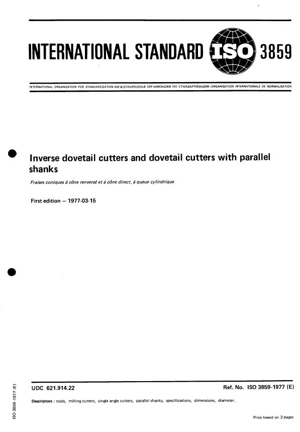 ISO 3859:1977 - Inverse dovetail cutters and dovetail cutters with parallel shanks