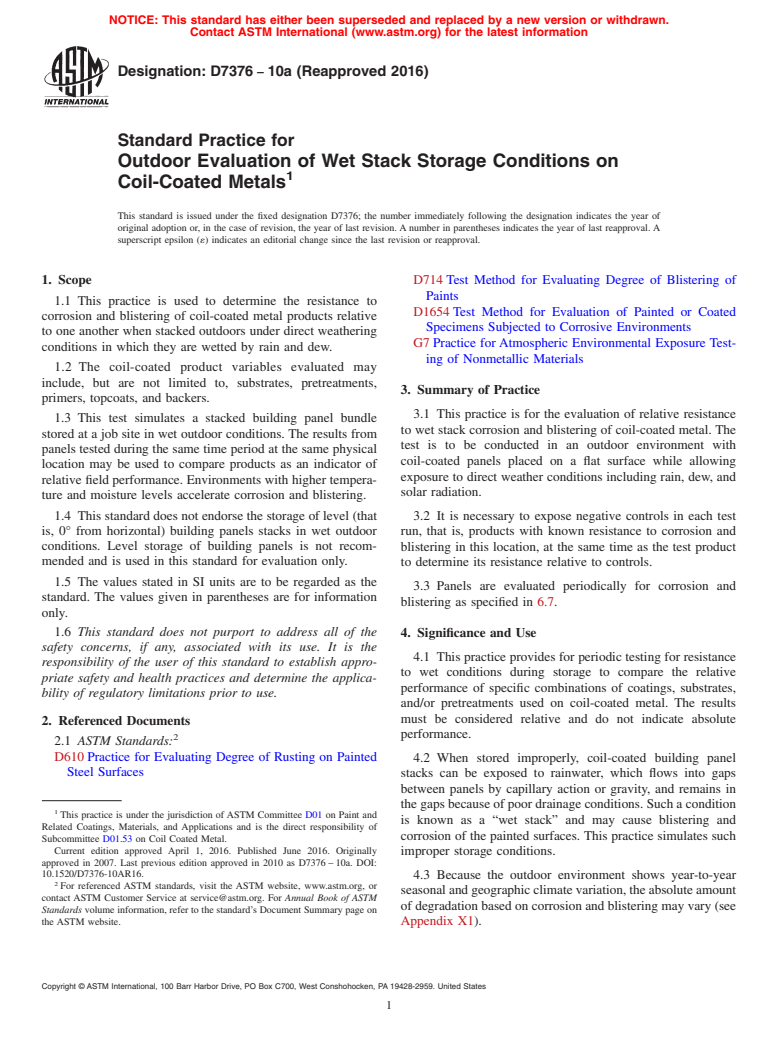 ASTM D7376-10a(2016) - Standard Practice for Outdoor Evaluation of Wet Stack Storage Conditions on Coil-Coated   Metals