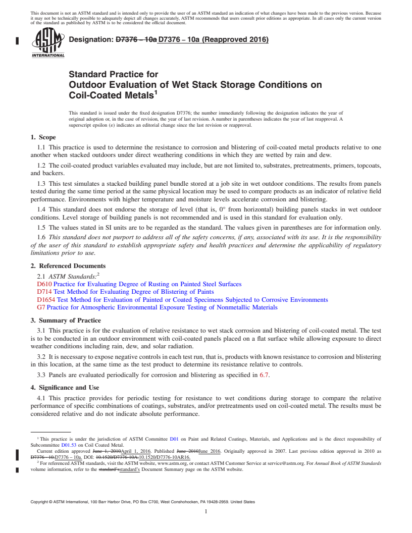 REDLINE ASTM D7376-10a(2016) - Standard Practice for Outdoor Evaluation of Wet Stack Storage Conditions on Coil-Coated   Metals