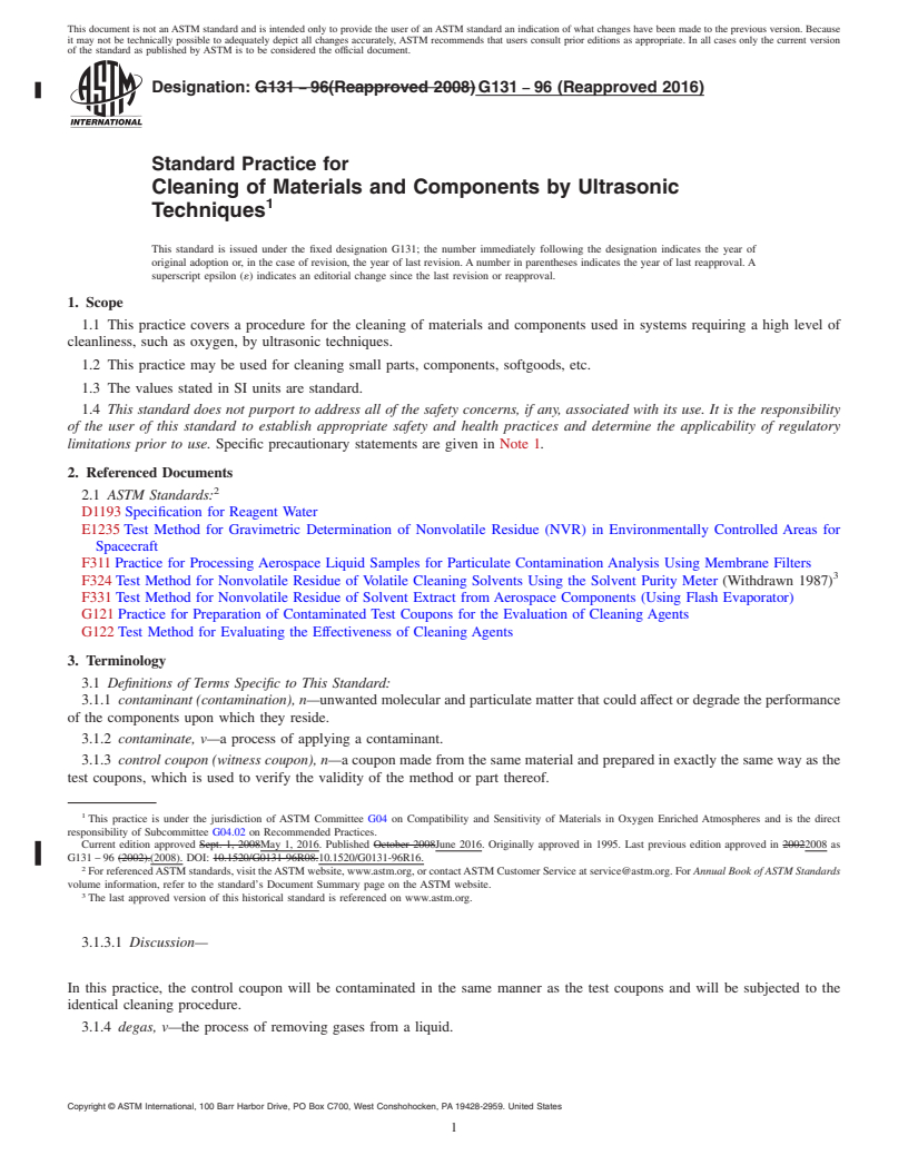 REDLINE ASTM G131-96(2016) - Standard Practice for  Cleaning of Materials and Components by Ultrasonic Techniques