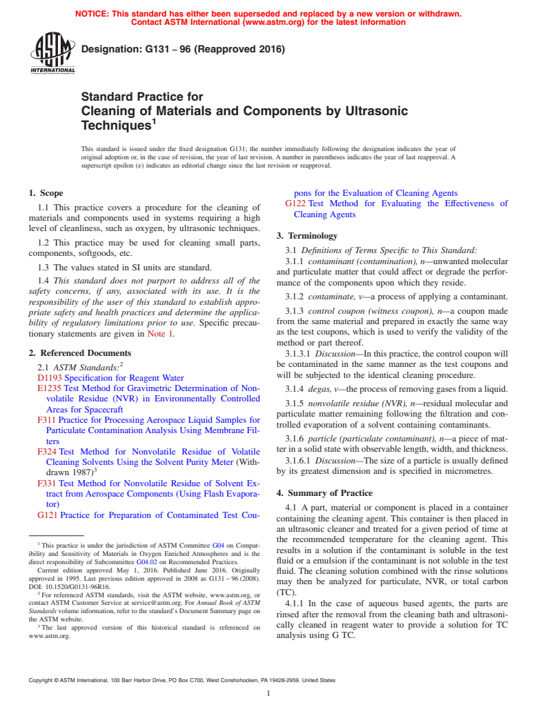 ASTM G131-96(2016) - Standard Practice for  Cleaning of Materials and Components by Ultrasonic Techniques