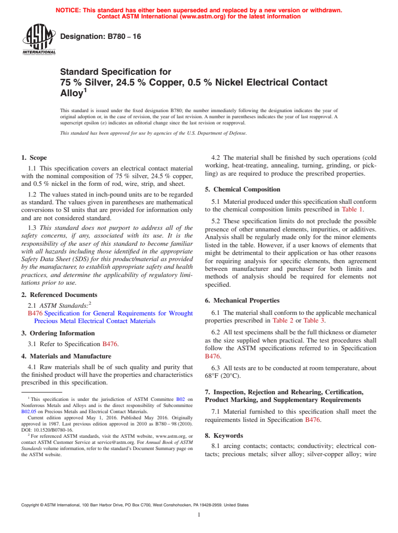 ASTM B780-16 - Standard Specification for 75&#x2009;% Silver, 24.5&#x2009;% Copper, 0.5&#x2009;% Nickel  Electrical Contact Alloy