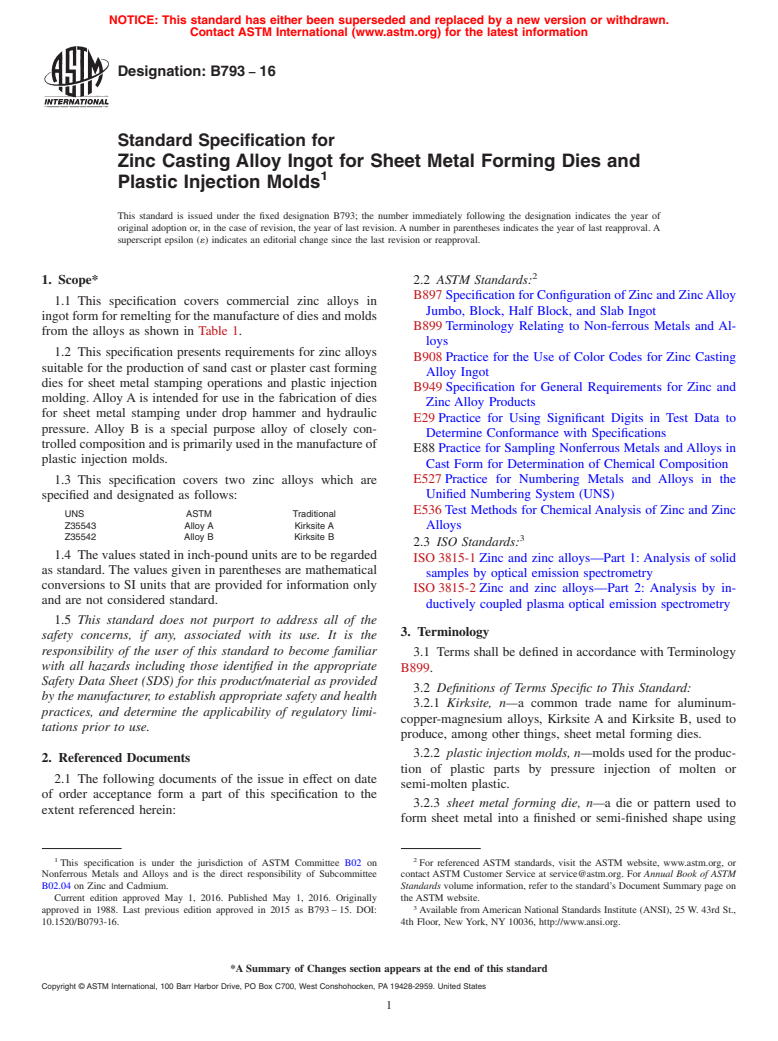 ASTM B793-16 - Standard Specification for Zinc Casting Alloy Ingot for Sheet Metal Forming Dies and Plastic   Injection   Molds