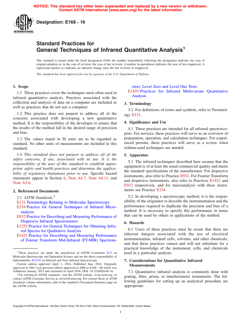 ASTM E168-16 - Standard Practices for General Techniques of Infrared Quantitative Analysis