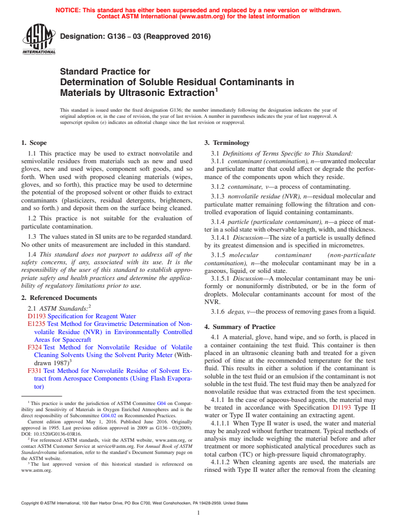 ASTM G136-03(2016) - Standard Practice for  Determination of Soluble Residual Contaminants in Materials  by Ultrasonic Extraction