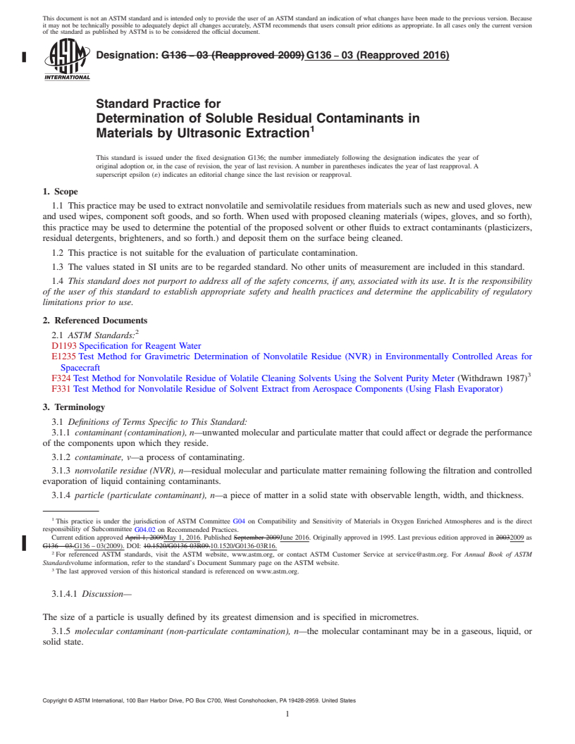 REDLINE ASTM G136-03(2016) - Standard Practice for  Determination of Soluble Residual Contaminants in Materials  by Ultrasonic Extraction