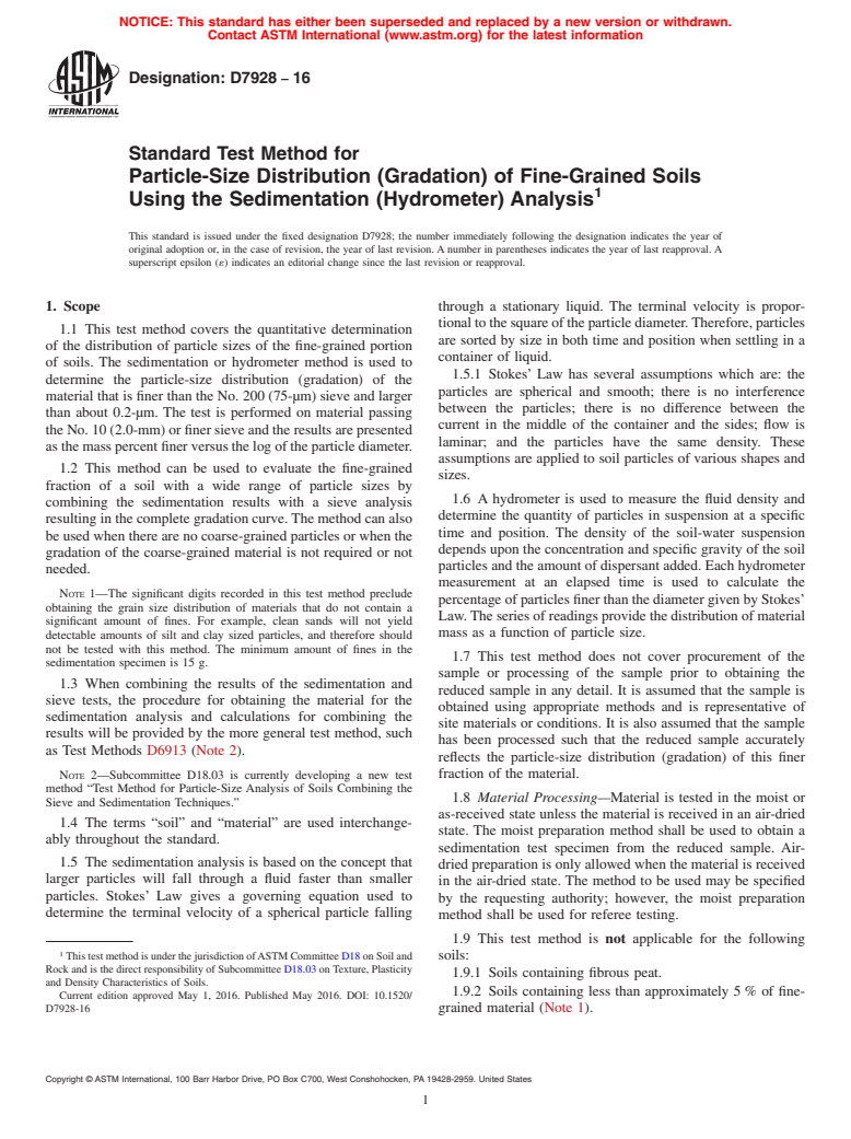 ASTM D7928-16 - Standard Test Method for Particle-Size Distribution (Gradation) of Fine-Grained Soils  Using the Sedimentation (Hydrometer) Analysis