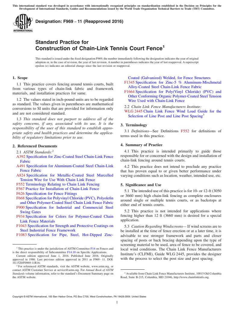 ASTM F969-11(2016) - Standard Practice for  Construction of Chain-Link Tennis Court Fence