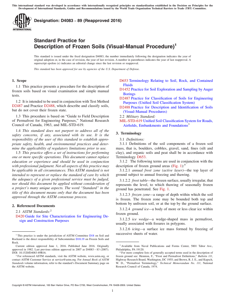 ASTM D4083-89(2016) - Standard Practice for Description of Frozen Soils (Visual-Manual Procedure)