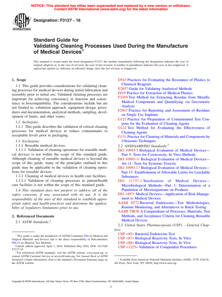 ASTM F3127-16 - Standard Guide for Validating Cleaning Processes Used During the Manufacture of  Medical Devices