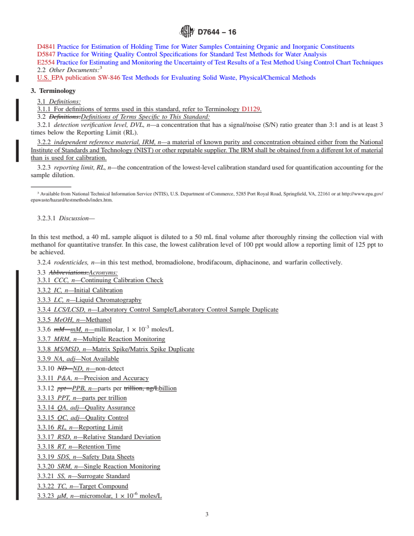 REDLINE ASTM D7644-16 - Standard Test Method for  Determination of Bromadiolone, Brodifacoum, Diphacinone and   Warfarin in Water by Liquid Chromatography/Tandem Mass Spectrometry   (LC/MS/MS)