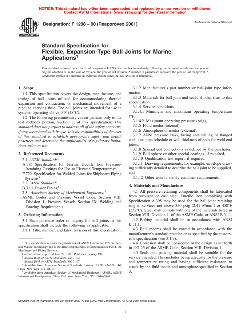 ASTM F1298-90(2001) - Standard Specification for Flexible, Expansion-Type Ball Joints for Marine Applications