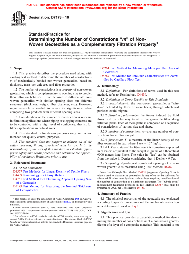 ASTM D7178-16 - Standard Practice for  Determining the Number of Constrictions &#x201c;<emph type="bdit"  >m</emph>&#x201d; of Non-Woven Geotextiles as a Complementary Filtration   Property