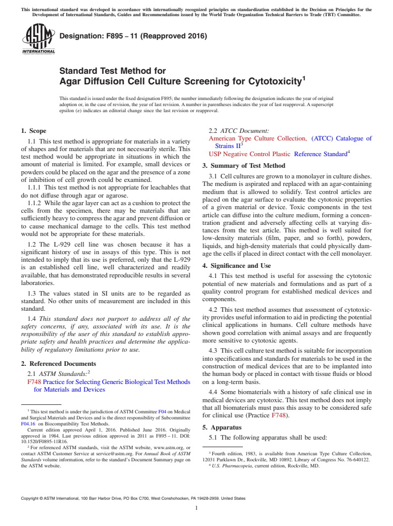 ASTM F895-11(2016) - Standard Test Method for  Agar Diffusion Cell Culture Screening for Cytotoxicity