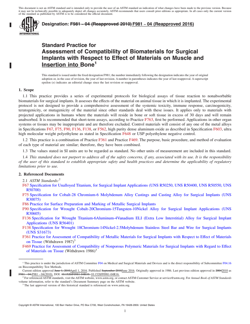 REDLINE ASTM F981-04(2016) - Standard Practice for  Assessment of Compatibility of Biomaterials for Surgical Implants  with Respect to Effect of Materials on Muscle and Insertion into Bone