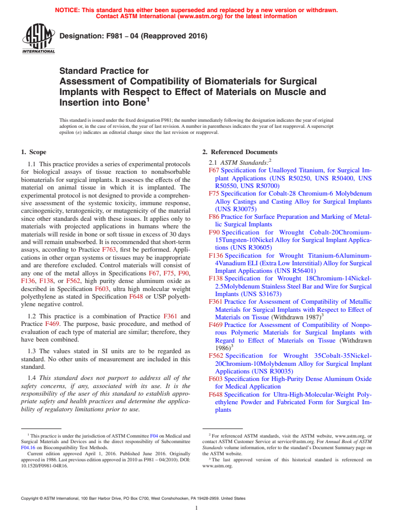 ASTM F981-04(2016) - Standard Practice for  Assessment of Compatibility of Biomaterials for Surgical Implants  with Respect to Effect of Materials on Muscle and Insertion into Bone