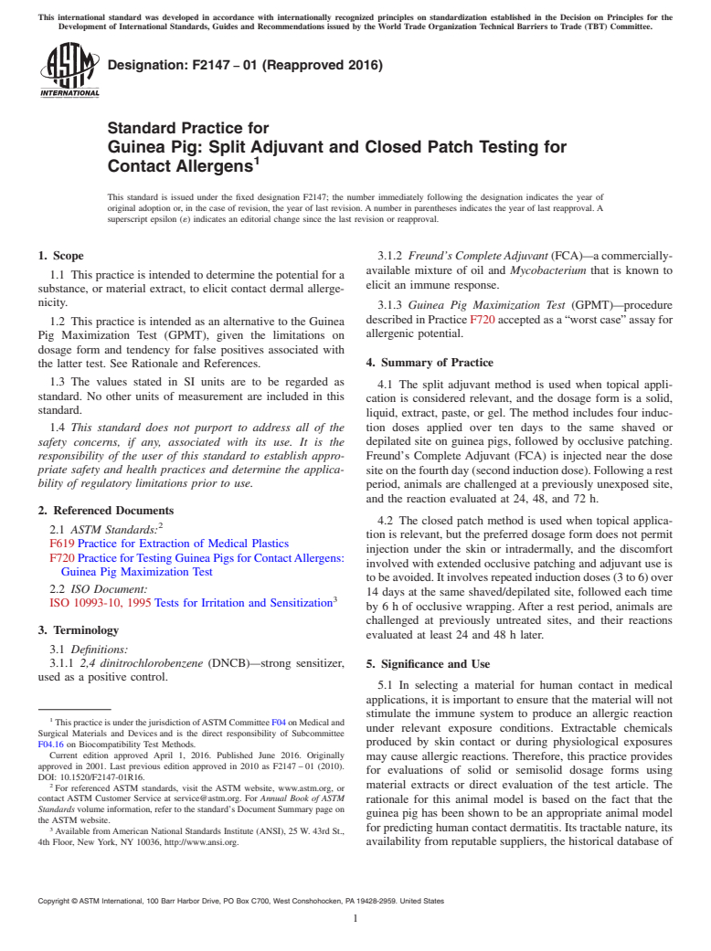 ASTM F2147-01(2016) - Standard Practice for  Guinea Pig: Split Adjuvant and Closed Patch Testing for Contact  Allergens