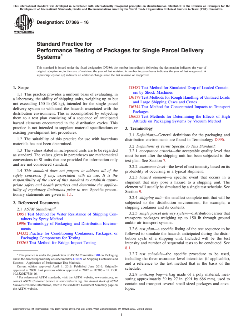 ASTM D7386-16 - Standard Practice for  Performance Testing of Packages for Single Parcel Delivery   Systems