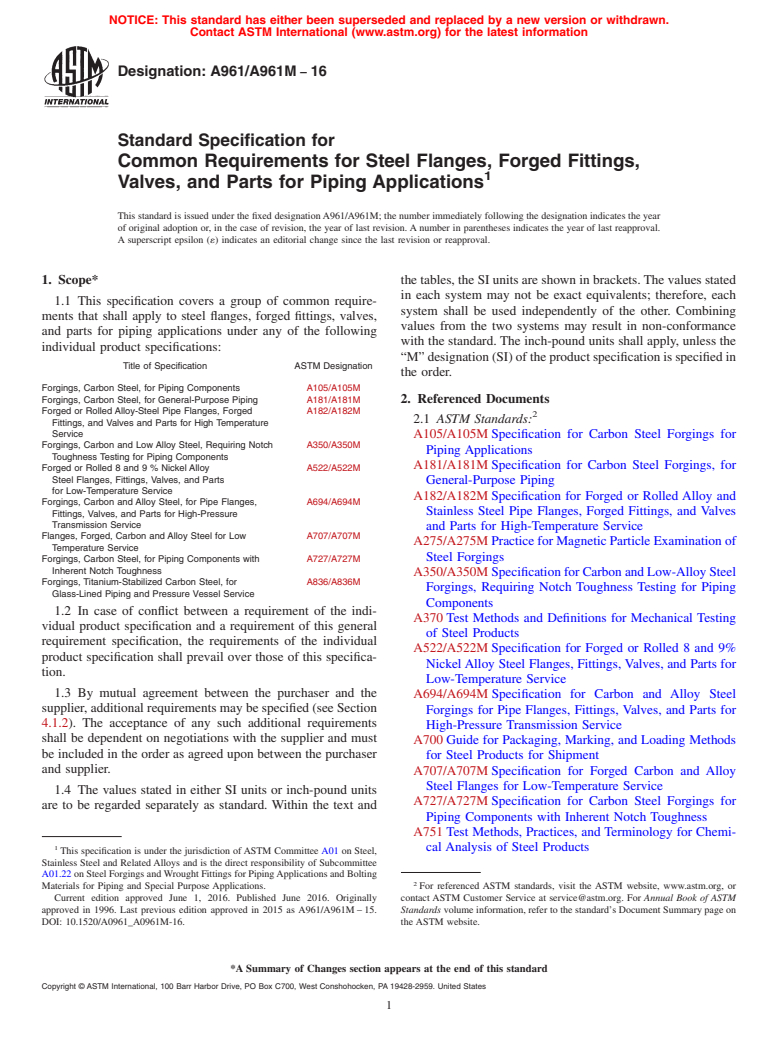 ASTM A961/A961M-16 - Standard Specification for  Common Requirements for Steel Flanges, Forged Fittings, Valves,  and Parts for Piping Applications<?Pub _bookmark  Command="[Quick Mark]"?>