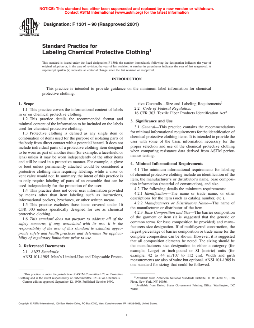 ASTM F1301-90(2001) - Standard Practice for Labeling Chemical Protective Clothing