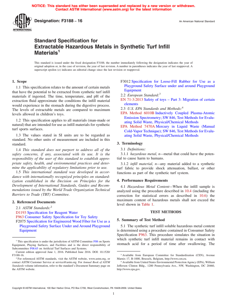 ASTM F3188-16 - Standard Specification for Extractable Hazardous Metals in Synthetic Turf Infill Materials